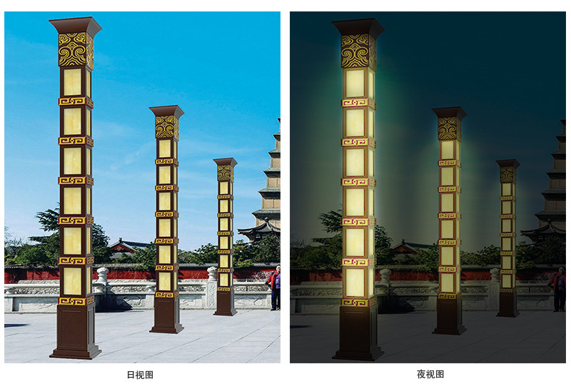 广场景观灯白昼对比